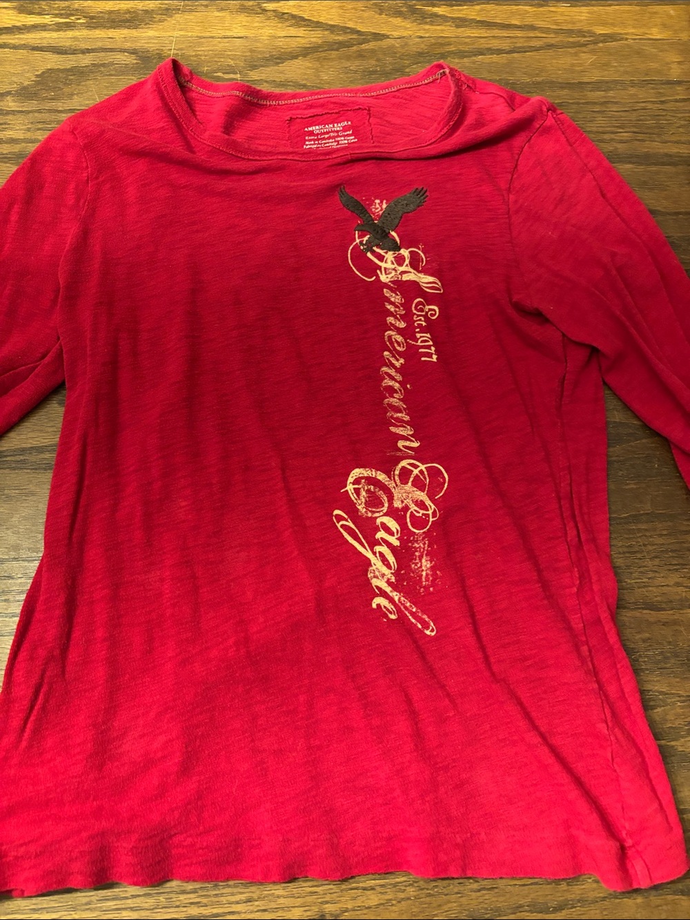 Y2K American Eagle Outfitters Red Long Sleeve Tee with Vertical Script & Eagle